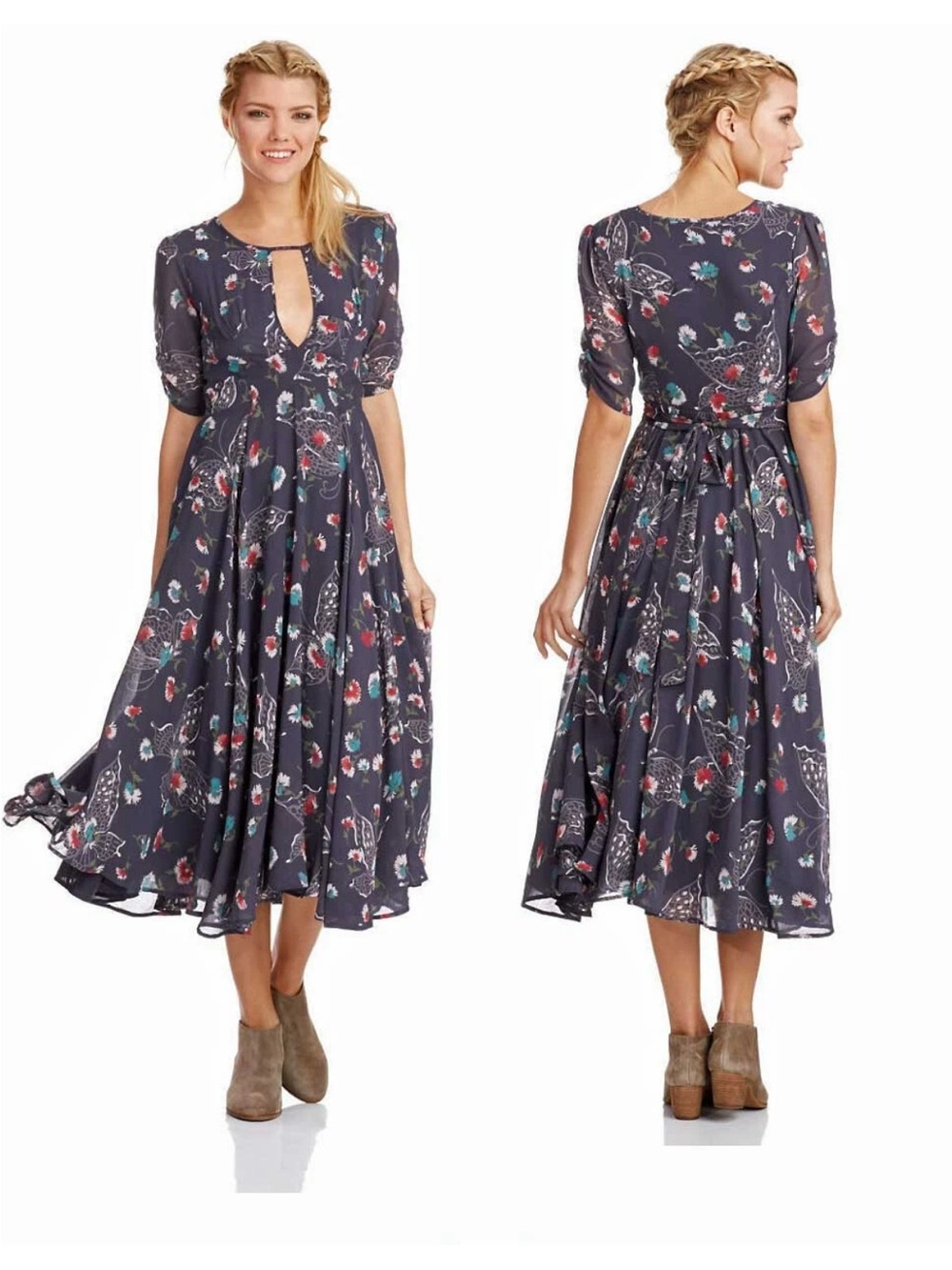 Free People Bonnie Midnight Combo Dress Womens 4 Black Floral Boho Empire Waist